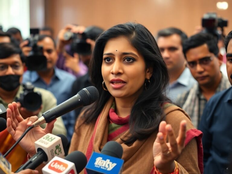 A vibrant, dynamic photo of Santy Sharma speaking at a conference or recording a video in a home studio, surrounded by cultur