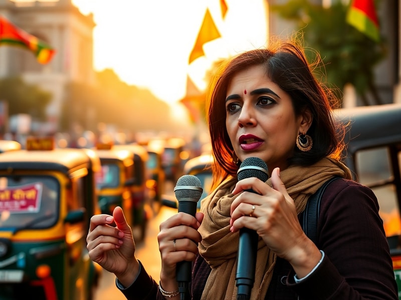 A professional portrait of Santy Sharma in a newsroom setting, surrounded by digital devices and notes, with a backdrop of a