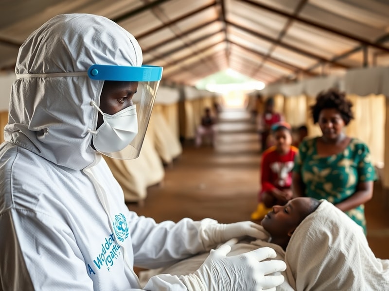 A healthcare worker in protective gear administers a vaccine to a patient in a rural Congolese village, with dense green fore