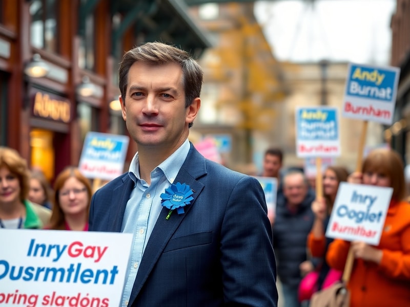 A bustling Manchester city street with campaign posters for the Andy Burnham by-election, set against a backdrop of modern sk
