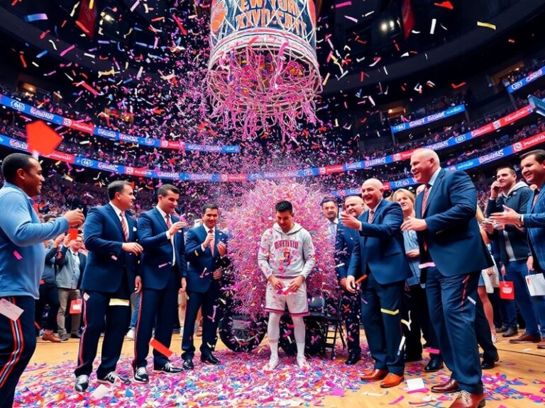 A vibrant, modern digital interface showcasing the Knicks' ceremony sweeps microsite on a tablet screen, surrounded by basket