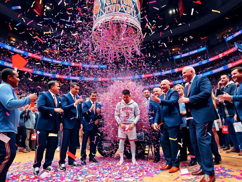 A vibrant, modern digital interface showcasing the Knicks' ceremony sweeps microsite on a tablet screen, surrounded by basket