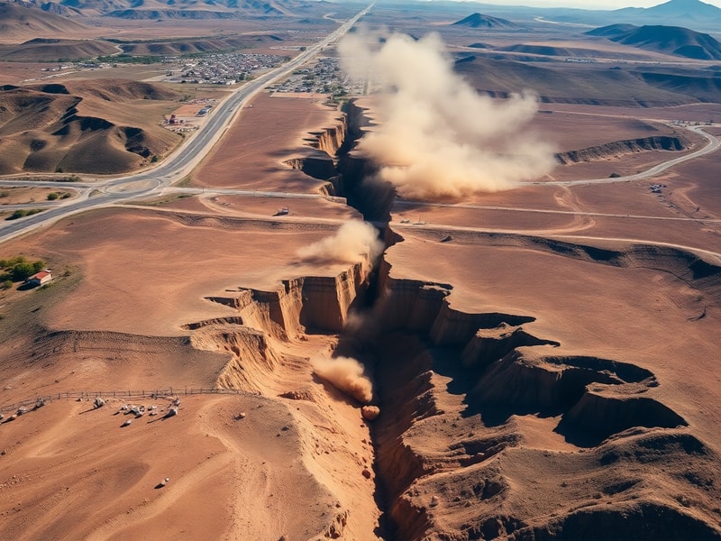 Aerial view of the San Andreas Fault line cutting through the California landscape, showing distinct geological features like