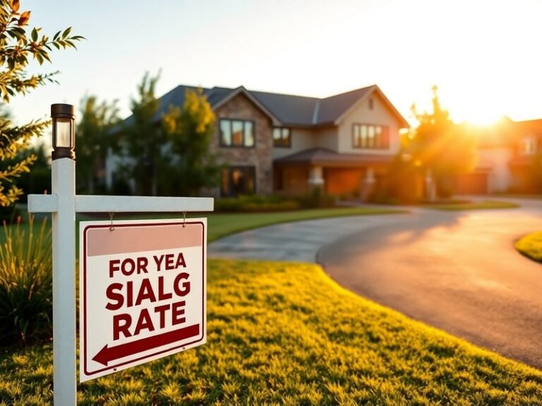 A modern suburban home with a 'For Sale' sign in front, featuring a clear sky and subtle upward-trending mortgage rate graph