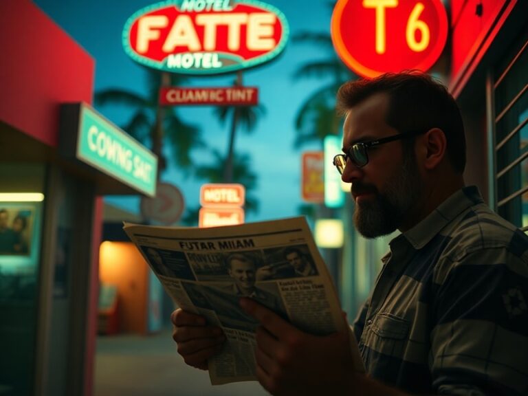 A cinematic shot of a neon-lit Vice City skyline at night, with palm trees swaying and a low-flying helicopter casting dramat