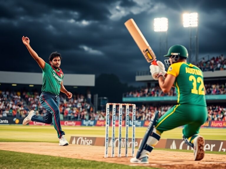 A vibrant cricket stadium packed with spectators, featuring players from Bangladesh and Australia shaking hands mid-match. Th