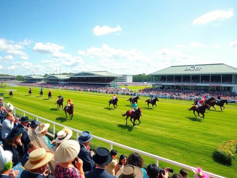 A vibrant aerial view of Ascot Racecourse during Royal Ascot, showing the packed grandstands, colorful fashion, and horses ra