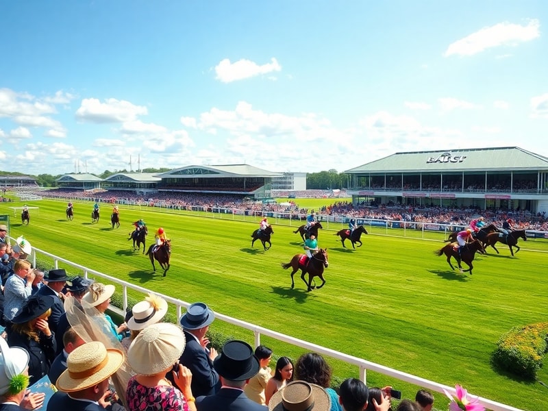 A vibrant aerial view of Ascot Racecourse during Royal Ascot, showing the packed grandstands, colorful fashion, and horses ra
