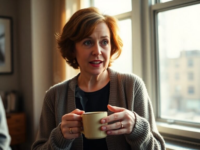 A warm portrait of Joan Cusack mid-laughter, wearing a casual outfit, set against a soft-lit background with subtle nods to h