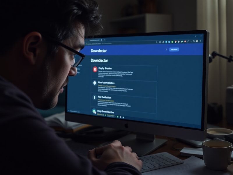A split-screen image showing a Downdetector heatmap of Microsoft Teams outages on one side and a frustrated IT professional c