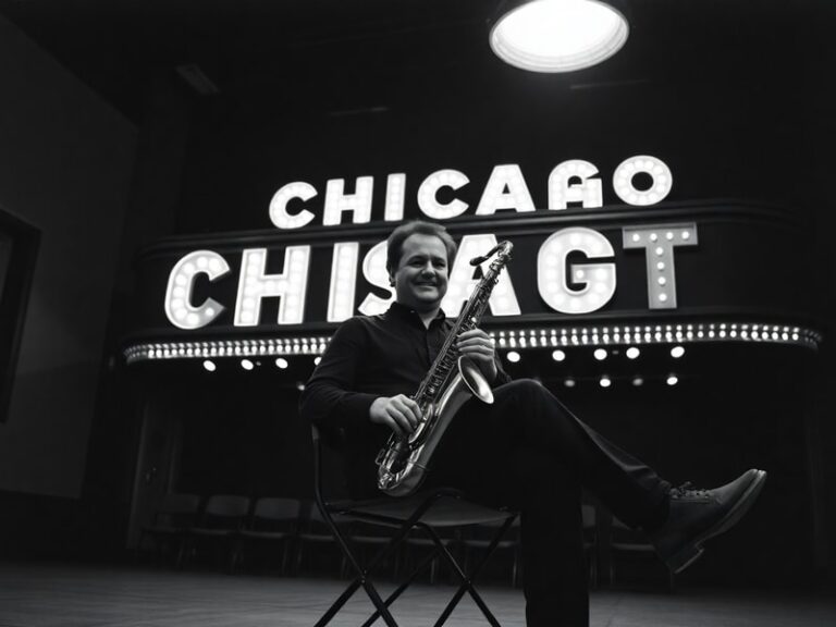 A vintage photo of Walter Parazaider playing his saxophone on stage with Chicago, wearing a suit and holding a microphone. Th