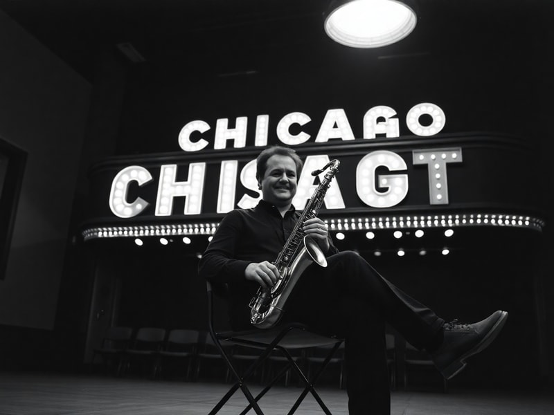 A vintage photo of Walter Parazaider playing his saxophone on stage with Chicago, wearing a suit and holding a microphone. Th