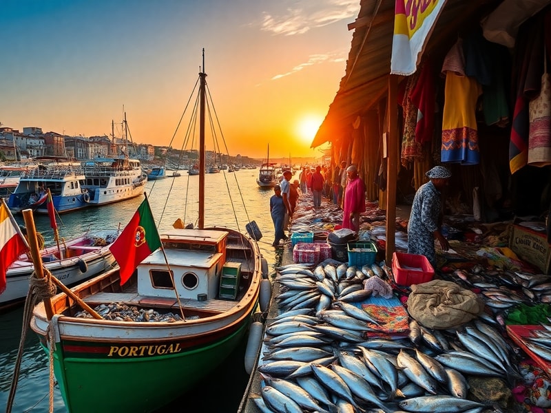 A split-image composition showing Lisbon’s historic waterfront on the left and Kinshasa’s bustling streets on the right, with