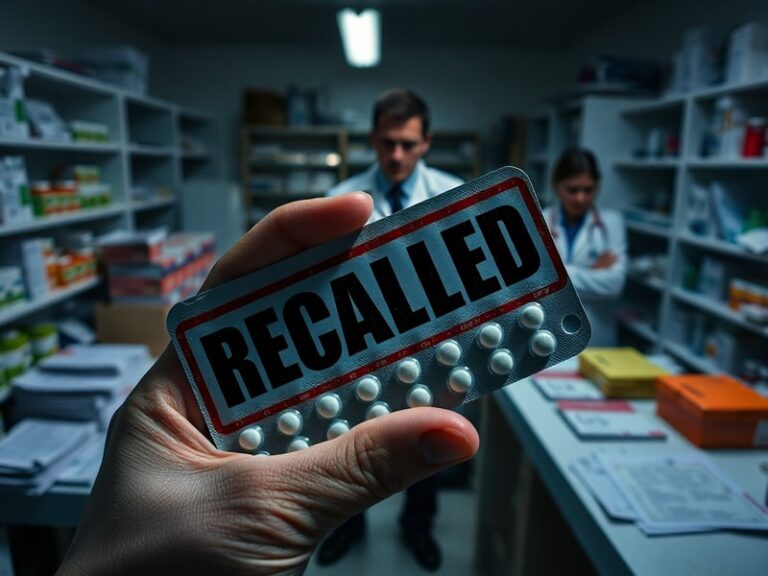A split-image design showing a pharmaceutical factory assembly line on one side and a concerned patient reading a medication