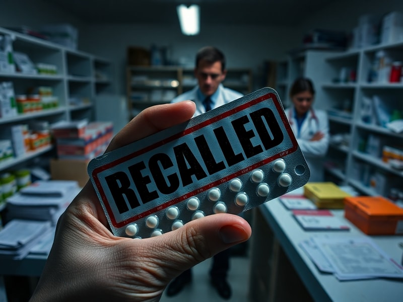 A split-image design showing a pharmaceutical factory assembly line on one side and a concerned patient reading a medication