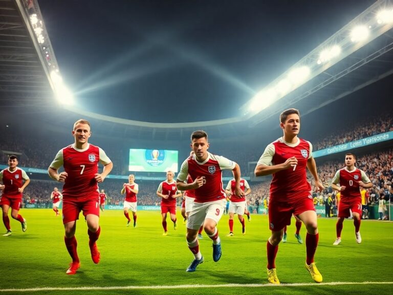 A dynamic image of England players celebrating a goal at a World Cup match, with the iconic World Cup trophy in the backgroun