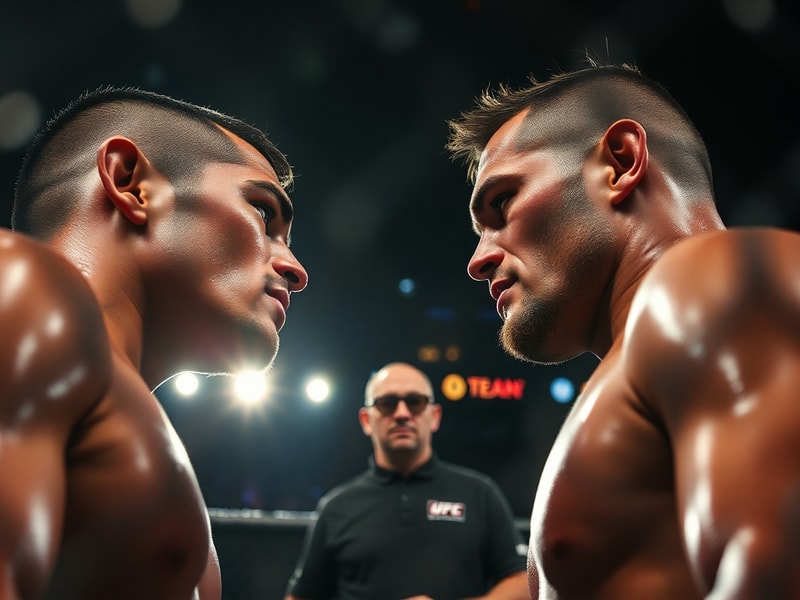 A dynamic shot of UFC 330 inside a sold-out arena, with two fighters grappling in the octagon under bright lights, surrounded
