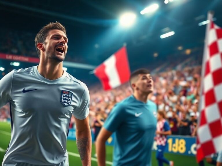 A tense moment from the 2018 World Cup semi-final between England and Croatia at Luzhniki Stadium, Moscow. The image shows pl