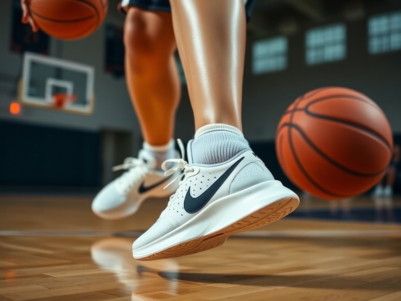 A dynamic action shot of Caitlin Clark wearing her signature Nike shoes during a basketball game, with a focus on her footwor