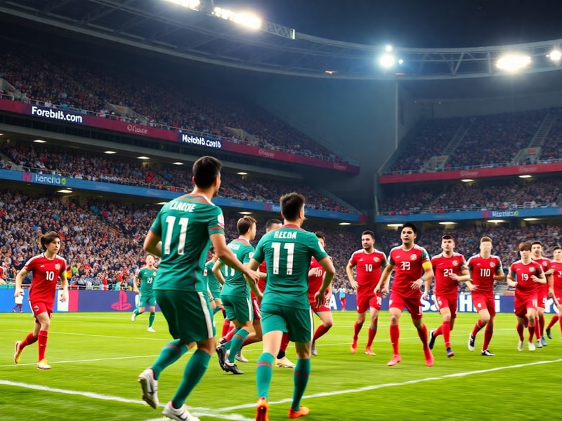 A split-image showing a Korean soccer player in a red jersey mid-celebration on one side, and a Mexican player in green jerse