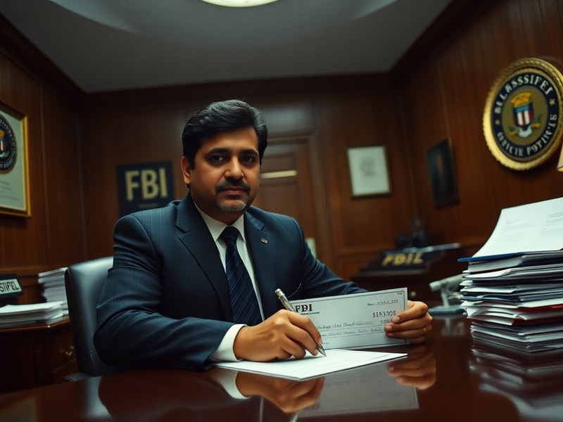 A split-image illustration showing Kash Patel on one side with a federal building and dollar signs on the other, symbolizing