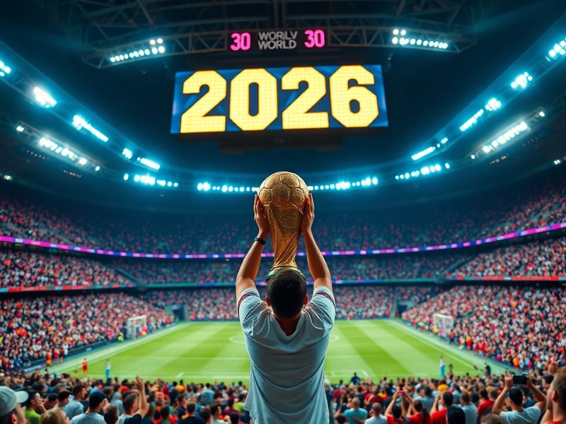 A vibrant stadium filled with fans from diverse backgrounds, wearing national team colors, cheering during a World Cup match.