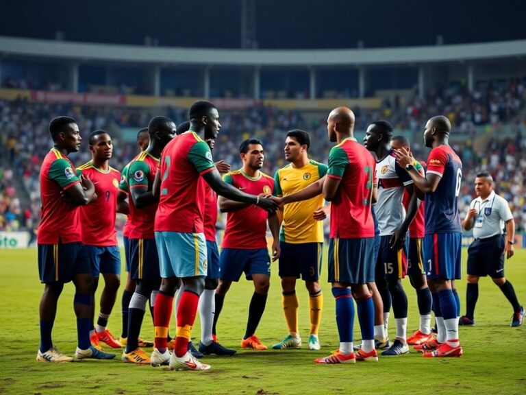 A muddy soccer field under heavy rain, with Ghana and Panama players in action. Ghana’s players wear black and red kits, whil