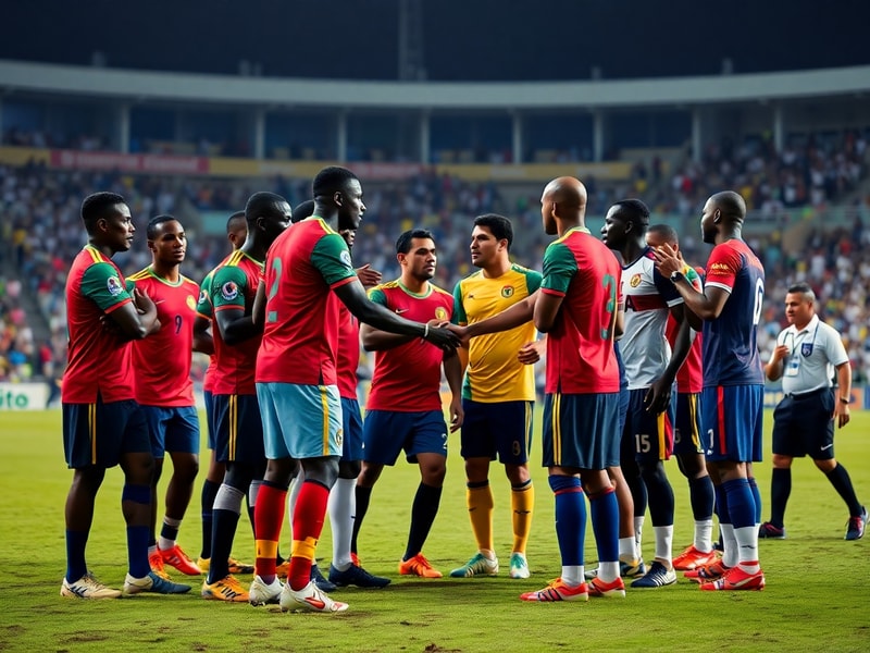 A muddy soccer field under heavy rain, with Ghana and Panama players in action. Ghana’s players wear black and red kits, whil