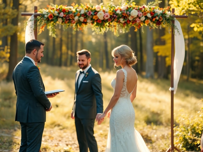 A stylish yet intimate wedding scene featuring Taylor Swift and Travis Kelce exchanging vows in a private, elegant setting, s