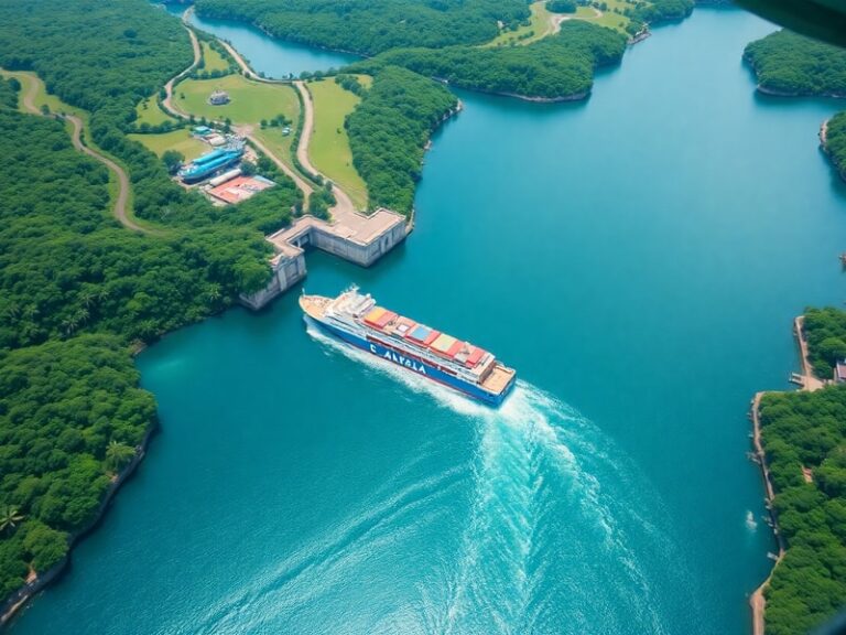 A split-image composition showing the Panama Canal's modern locks on one side and Bogotá's historic La Candelaria district on