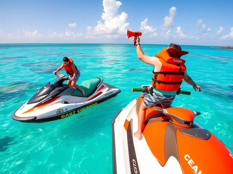 A jet ski rider wearing a bright life jacket navigating turquoise waters near a coral reef in the Bahamas, with a sunset back