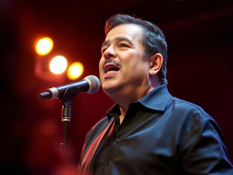 A stylish portrait of José Luis Rodríguez, 'El Puma,' in his prime, wearing a sharp suit with a microphone in hand, set again