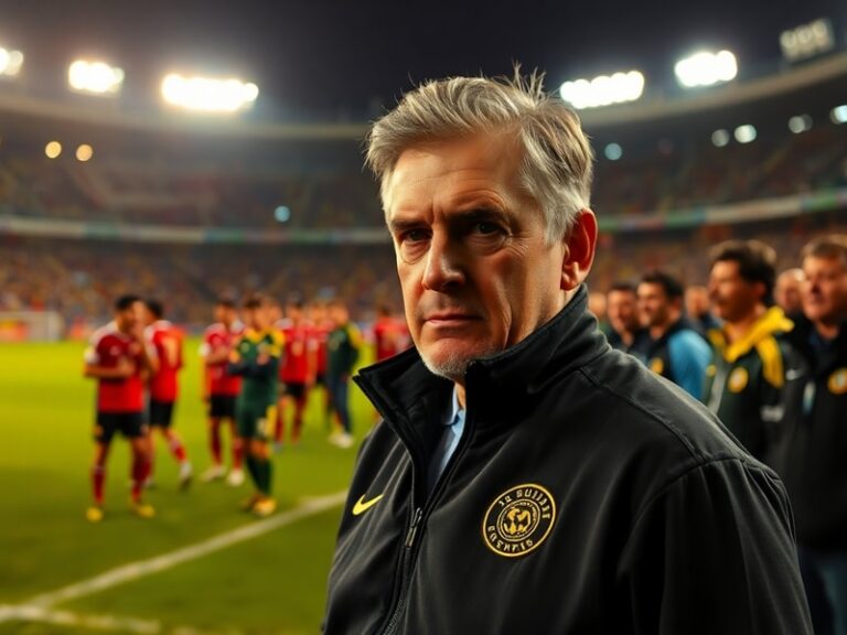 A dynamic action shot of Carlos Queiroz on the sidelines during a match, wearing a black jacket and focused expression, with