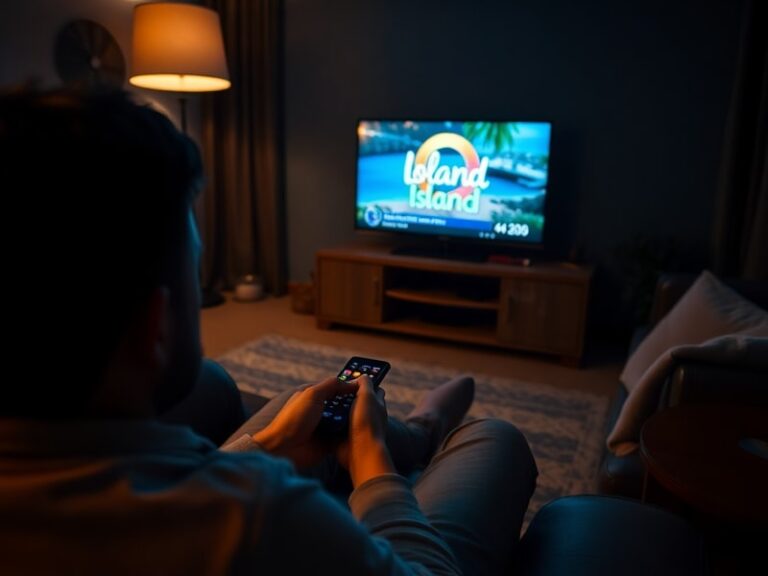 A split-screen image of the Love Island villa at night, with glowing screens and social media reaction icons overlaying the s