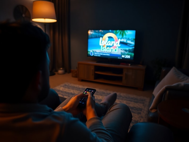A split-screen image of the Love Island villa at night, with glowing screens and social media reaction icons overlaying the s