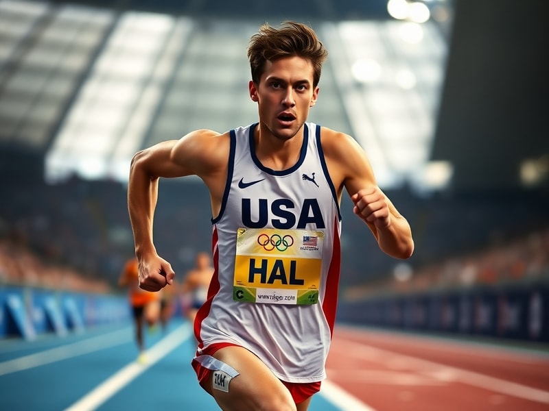 Ryan Hall mid-stride in a maroon and white racing singlet, running on a sunlit track with mountains in the background, convey
