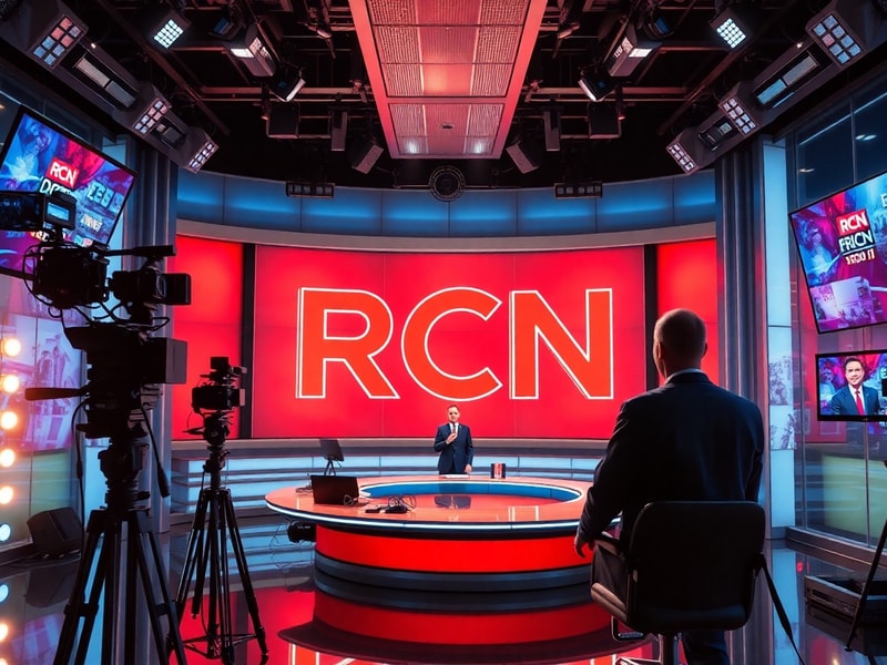 A vibrant scene of a Colombian family gathered around a TV, watching a live soccer match on RCN, with the RCN logo visible on