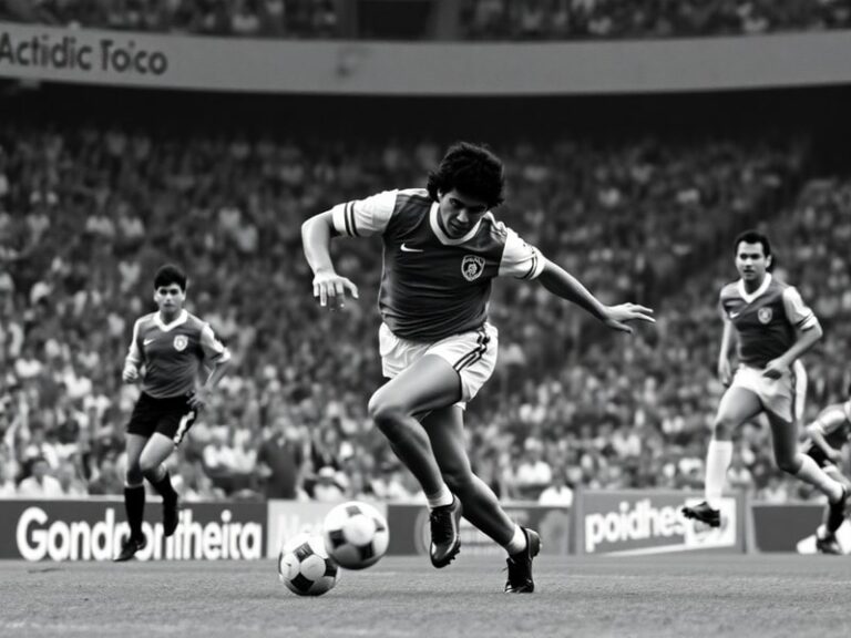 A dynamic photograph of Diego Maradona in his Napoli jersey, mid-dribble with a determined expression, surrounded by fans in