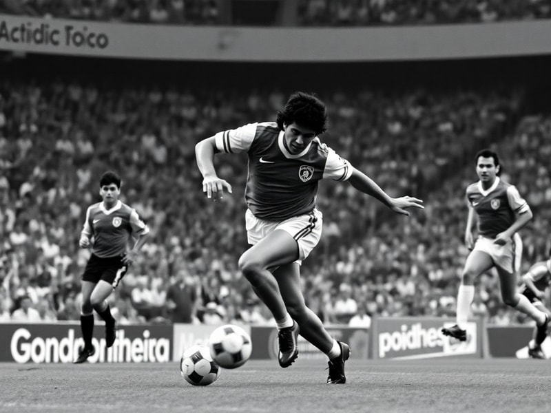 A dynamic photograph of Diego Maradona in his Napoli jersey, mid-dribble with a determined expression, surrounded by fans in