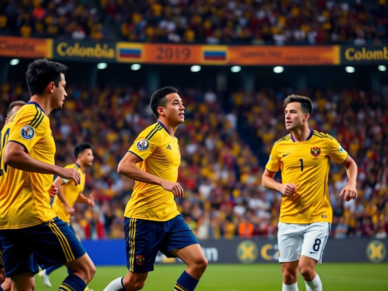 A vibrant stadium filled with Colombian fans waving flags and wearing team colors, with players on the field during a World C