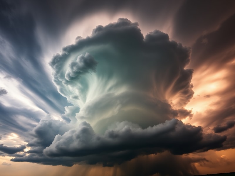 A split-screen image: On the left, a satellite view of a massive hurricane swirling over the ocean. On the right, a family pr