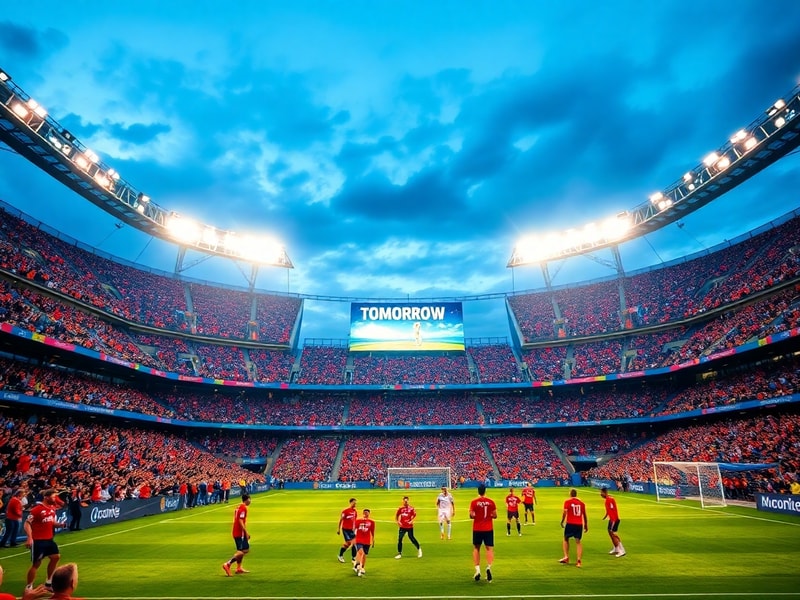 A vibrant stadium packed with fans wearing team colors, players in action on the pitch, and a large scoreboard displaying 'Wo