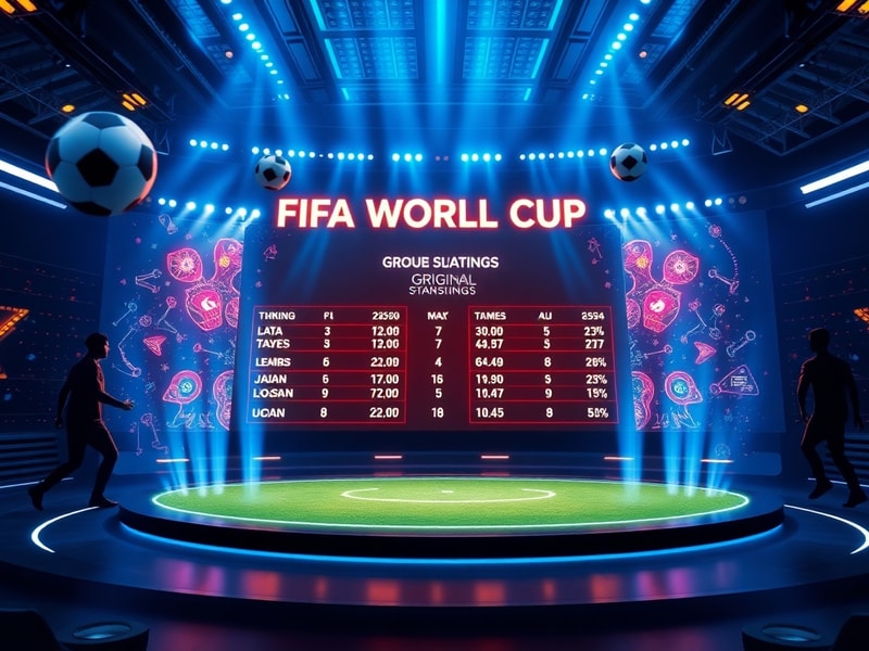 A stadium filled with jubilant fans under floodlights, showing a scoreboard displaying World Cup group standings with flags o