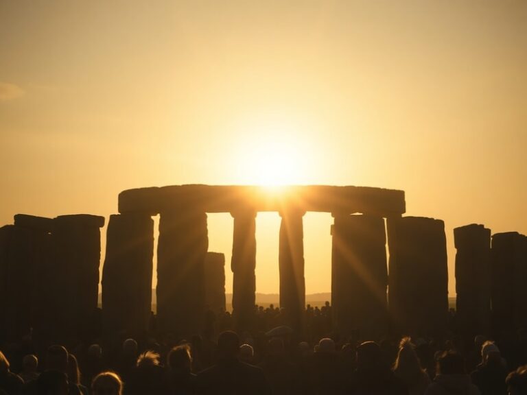 A vibrant scene of people gathered at Stonehenge during sunrise, with the sun aligning perfectly with the ancient stones. The