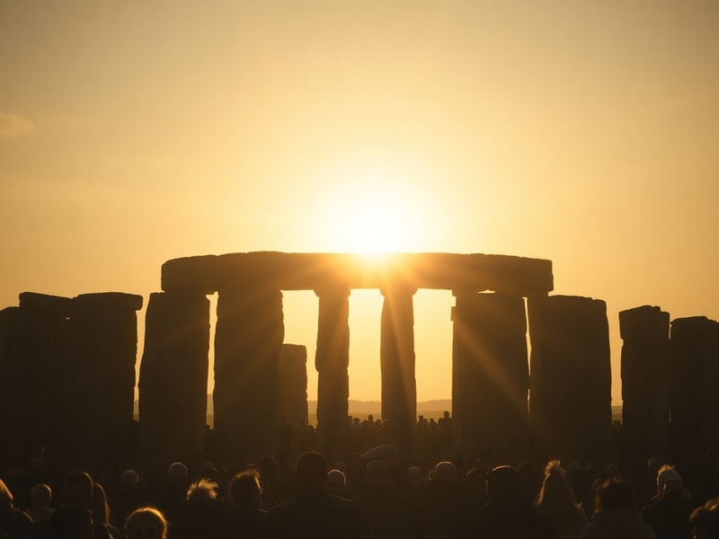A vibrant scene of people gathered at Stonehenge during sunrise, with the sun aligning perfectly with the ancient stones. The