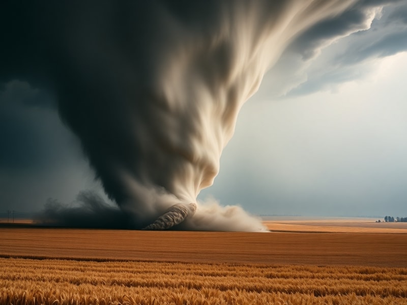 A dramatic scene of a tornado approaching a rural landscape, with a Doppler radar tower in the foreground and storm chasers i