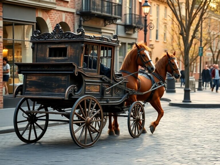 A beautifully restored 19th-century carriage with intricate woodwork, gold detailing, and velvet upholstery, parked in a sunl