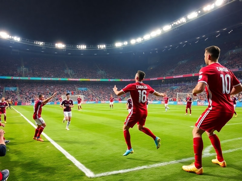 A vibrant stadium scene with both the Canadian and Qatari flags prominently displayed, players in action on the pitch, and a