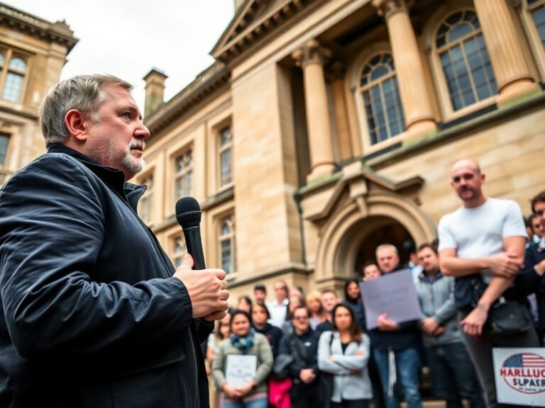 A split-image visual: on the left, Tommy Robinson speaking at a podium with a crowd in the background, and on the right, a gr
