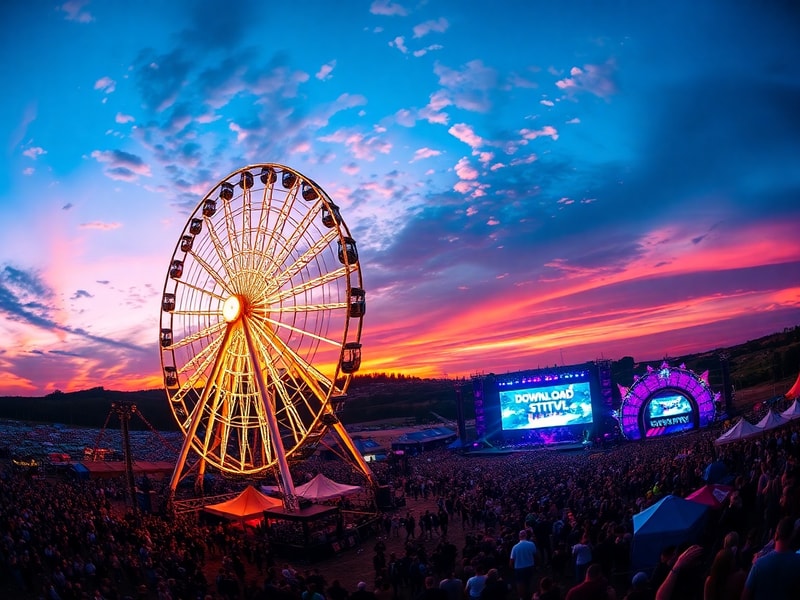 A vibrant evening shot of the Download Festival Ferris wheel in full operation, with colorful gondolas illuminated against th